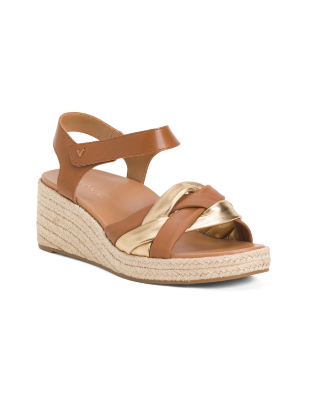 Vionic Saratoga Tan Gold Leather Espadrille Wedge Sandals 9W Wide NIB